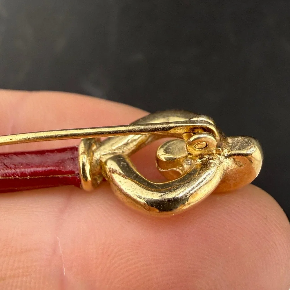 Vintage Brooch Equestrian Hook and Eye Gold Red Enamel  Pin